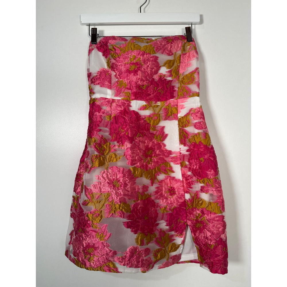 Billy J Pink Gold Floral Burnout Jacquard‎ Strapless Mini Wedding Guest Dress 10